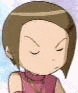 Animated sequence of a character with brown hair and pink top showing three facial expressions: closed eyes, open eye with reflection, and smiling with hand near mouth.