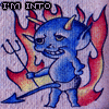Blue devil with horns and tail holding a pitchfork, surrounded by red and orange flames on a purple background, with orange text overlays.