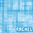 Pixelated blue background with two identical text blocks reading RACHEL in white capital letters on dark blue rectangles.