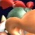 Pixelated image of a character with green and orange body, red head, and white tail against dark background.