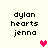 Pixelated text 'dylan hearts jenna' appears in four positions on a light background with two pink heart icons, one bright red and one pale pink.