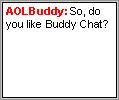 A contact sheet of five animated frames showing a chat conversation between AOLBuddy and WebPal1, with the final frame displaying an AOL Instant Messenger advertisement featuring a running stick figure mascot.