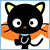 Black cat with yellow inner ears and white eyes holding an orange object, surrounded by red dotted shapes changing from V to heart forms.