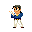 Pixel art character in blue jacket and white pants performing sequential hand gestures against gray background.