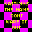 Pixelated text on a checkered background with alternating black and magenta squares, featuring repeated phrases in yellow block letters.