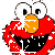 Red cartoon character with large white eyes, black pupils, orange nose, and wide open mouth showing teeth. The image has pixelated noise across all frames.
