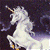Static pixelated image of a white unicorn with golden horn against dark purple background, rendered in low-resolution 50x50 pixels with visible dithering and anti-aliasing effects.