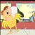 Animated cartoon character in yellow dress with white wings and brown hair, running left to right across four frames on a kitchen background with green text overlays.