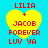 Yellow heart-shaped icon with red text reading LILIA, JACOB, FOREVER, LUV YA on a blue background.