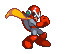 Pixel art character in red and gray armor with yellow cape, shown across of animation on gray background
