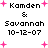 Pixelated text displays "Kamden & Savannah 10-12-07" with pink plus signs scattered across a white background, showing animation changes in symbol placement and spacing.
