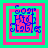 Four identical pixelated icons arranged in a , each featuring blue text on layered pink and cyan squares