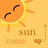 Pixelated sun with closed eyes and smiling mouth on light orange background, surrounded by text fragments in yellow pixel font.