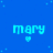Blue background with pixelated text names 'mary', 'liz', and 'ennis' each above a small heart symbol, scattered light blue dots, and a gray rectangular shape on the right.