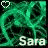 Animated contact sheet of 20 frames showing a green smoke-like pattern with the name 'Sara' in varying colors and heart icons at top corners.