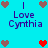 Pixelated cyan background with repeated 'Love Cynthia' text and heart symbols in brown and red.