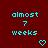 Crimson background with cyan pixelated text reading 'almost 7 weeks' and two heart symbols, one on each side.