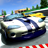 Pixelated image of a white and blue race car on a track with green and yellow background elements.