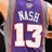 A pixelated image of a person wearing a purple basketball jersey with USA and number 13, next to orange text on a purple background.