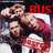 Three people in a group pose with one person lifting another, overlaid with red text fragments.