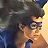 Pixelated close-up of a person with dark hair and glasses, wearing a blue garment, against a gradient background.