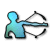 Pixelated blue figure holding a bow and arrow on white background, with green text 'Original Icons .com' on dark green