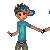 Two pixelated figures holding hands, one with brown hair and the other blonde, both wearing blue shirts and caps with red accents.