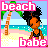 Pixel art beach scene with a woman in a black bikini top, palm tree, and pink text reading 'beach babe' on a light blue background.