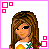 A 4x4 contact sheet of a pixel art animated icon featuring a cartoon woman in summer attire with text phrases appearing across frames, set against a white background with pink square borders.