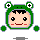 Pixel art avatar with green frog hat, black hair, red cheeks, and smiling mouth in two expressions.
