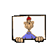 Animated cartoon character with red hair and blue shirt peeks from behind white rectangular frame, showing multiple expressions and poses.