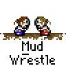 A 4x4 contact sheet of pixel art frames showing two cartoon characters wrestling in mud, with visible text "Mud Wrestle" beneath each frame.