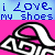 Pixelated image with blue and pink background sections, text reading 'i love my shoes', and a white shoe graphic on the right.