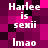 Pixelated text on a magenta and black checkered background with repeated phrases 'Harlee is sexii' and 'Imao'