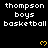 Pixelated text 'thompson boys basketball' repeated with yellow heart symbols on black background, partially cropped at bottom right.