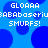 Blue background with large blue circles and repeated white pixelated text reading GLOAAA, BABABoseriBABABoaseriu, SMURFS!