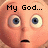 Pixelated character face with wide blue eyes and peach skin, displaying sequential text overlays across four
