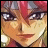 Pixelated anime-style face with red and gray hair, large eyes, and a neutral expression, next to stylized text on a black background.