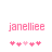 Pixelated pink text 'janelliee' above a of five pixel hearts with one light pink heart in the center, displayed side-by-side