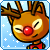 Pixelated reindeer with brown fur, red nose, and antlers wears red bow tie against light blue background with white snowflakes.