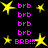 Yellow star shapes and pink text 'brb' or 'BRB!!!' appear on a black background with pixelated rendering.