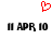 Red pixelated heart symbol above two identical black-and-white pixelated date stamps reading 'APR 10' with vertical bars on both sides.