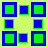 A contact sheet of 10 animated frames showing a sequence of green and blue square patterns on a yellow background with gray transparency area.