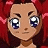Pixelated anime-style character with red hair and large blue eyes on left, next to black background with white text "Anime IM" above smaller cursive "cOm" on right.