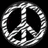 Static pixelated peace symbol icon with white and gray tones on a black background, rendered in a low-resolution checkerboard pattern.