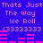 Pixelated text and audio visualizer on blue background with pink bars, repeating 'Thats Just Thats Just The Way We Roll' in two