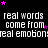 Pixelated text repeats across a black background with scattered pink stars, forming a dense wordwall of 'real words come from real emotion' in white block letters.