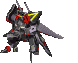 Four pixelated mecha poses with gray, red, and yellow accents on a light gray background.