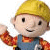 A 4x4 contact sheet of animated frames featuring Bob the Builder character with yellow hard hat, red patterned shirt, blue overalls, and raised arm pose across multiple text variations.