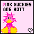 Pixel art duck with pink body, yellow beak and feet on light pink background; text "PINK DUCKIES ARE HOTT" above, heart symbol below.